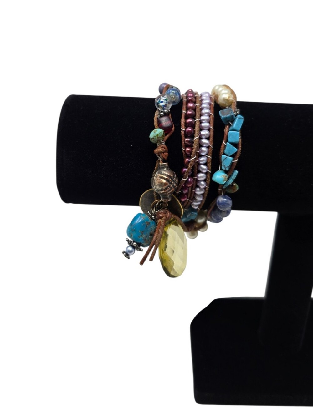 Convertible Boho Wrap Bracelet Necklace With Faux Pearls & Turquoise